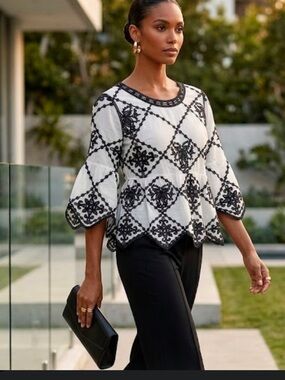 Black & White Embroidered Boxy Top